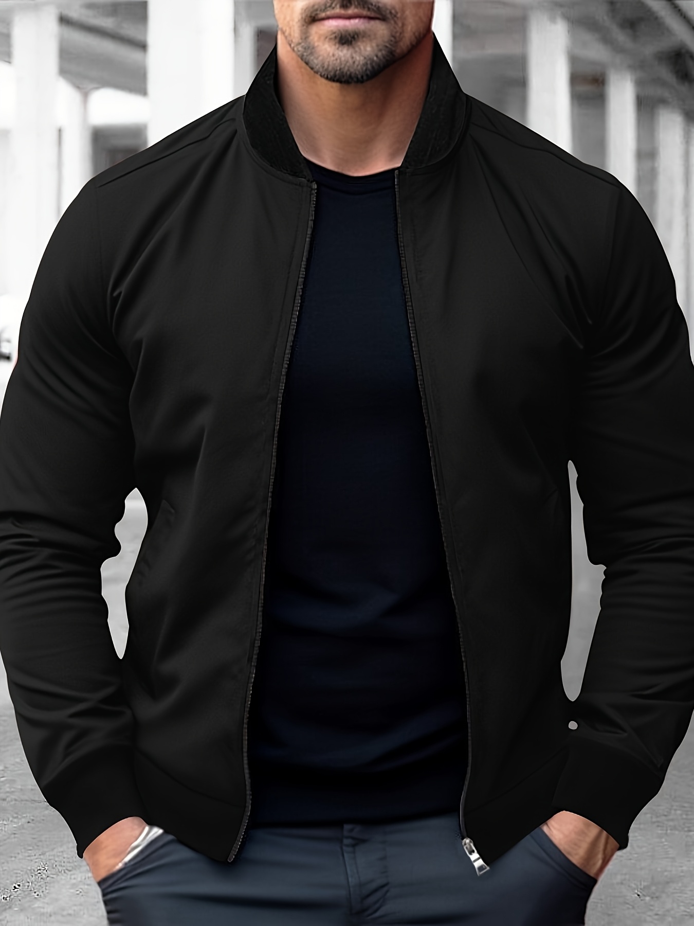 mens lightweight casual jacket with stand collar loose fit zippered pockets solid color spring fall coat for casual attire light exercise lightweight jacket 0