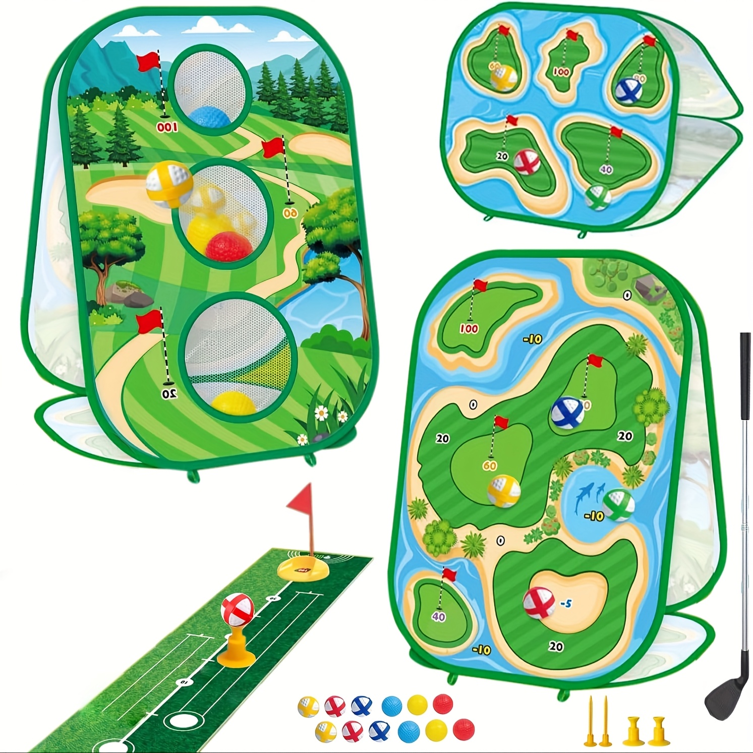 

Complete Golf Practice Set With Putting Mat, Chipping Net & Cornhole Board - Indoor/outdoor - Perfect Birthday Or Christmas Gift