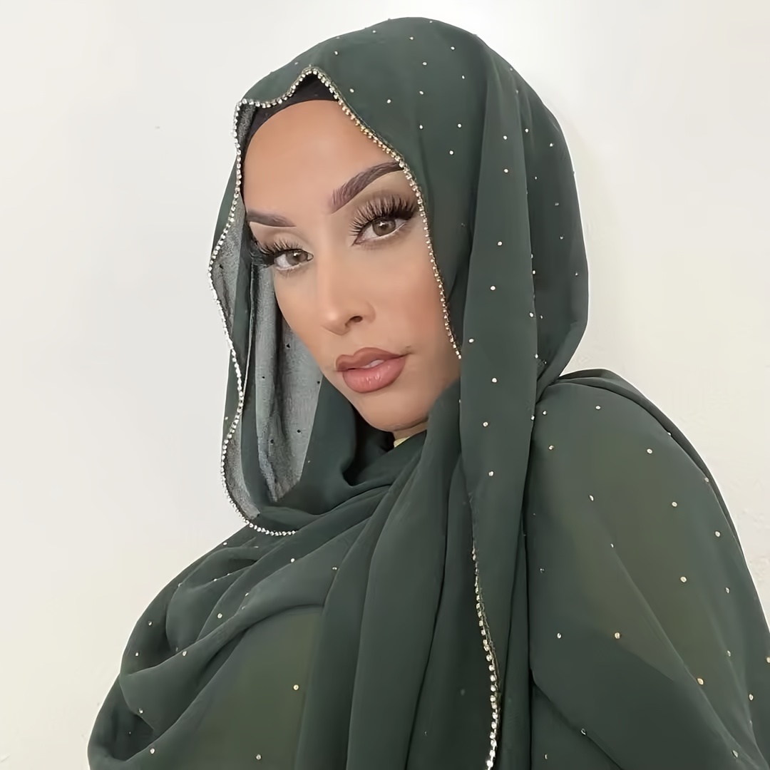 

Faux Diamond Chain Edge Chiffon Scarf Solid Color Thin Breathable Shawl Casual Sunscreen Hijab For Muslim Women Gifts For Eid