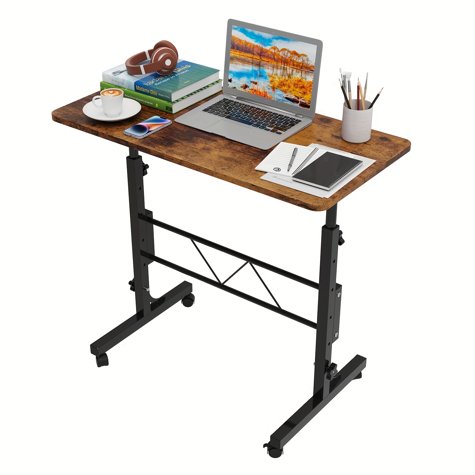 Laptop Table With Casters Height Adjustable Mobile Bedside Table 74-110cm Wooden Workstation Metal Frame For Home Office Or Office Use Brown