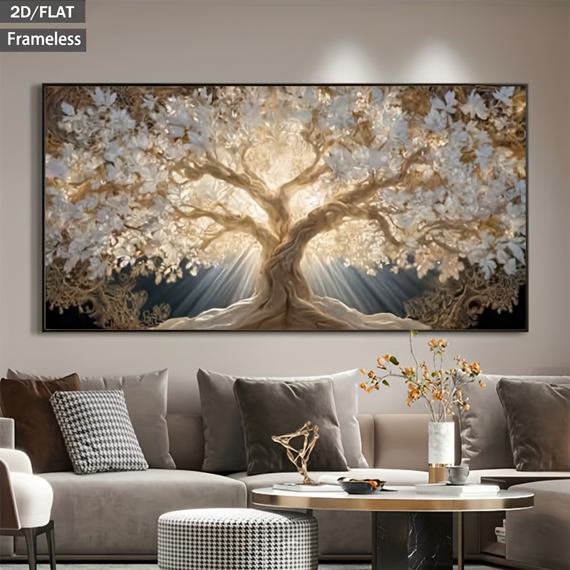 2d flat 2d flat 2d flat 1pc framed canvas poster printing home decoration decorative painting golden and silvery tree with light   decoration suitable as home gift for living room bathroom bedroom kitchen bar office