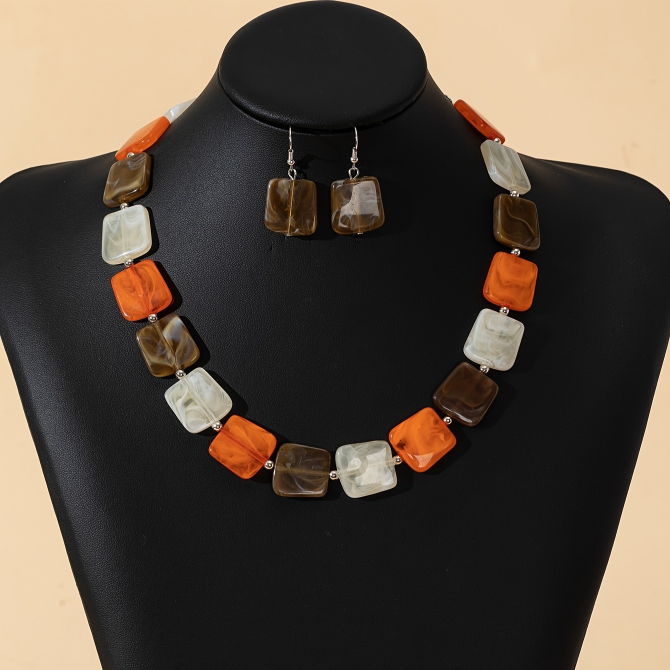 TEMU Bohemian Style Acrylic Beaded Necklace And Earrings Set - Perfect For Everyday Wear And Parties