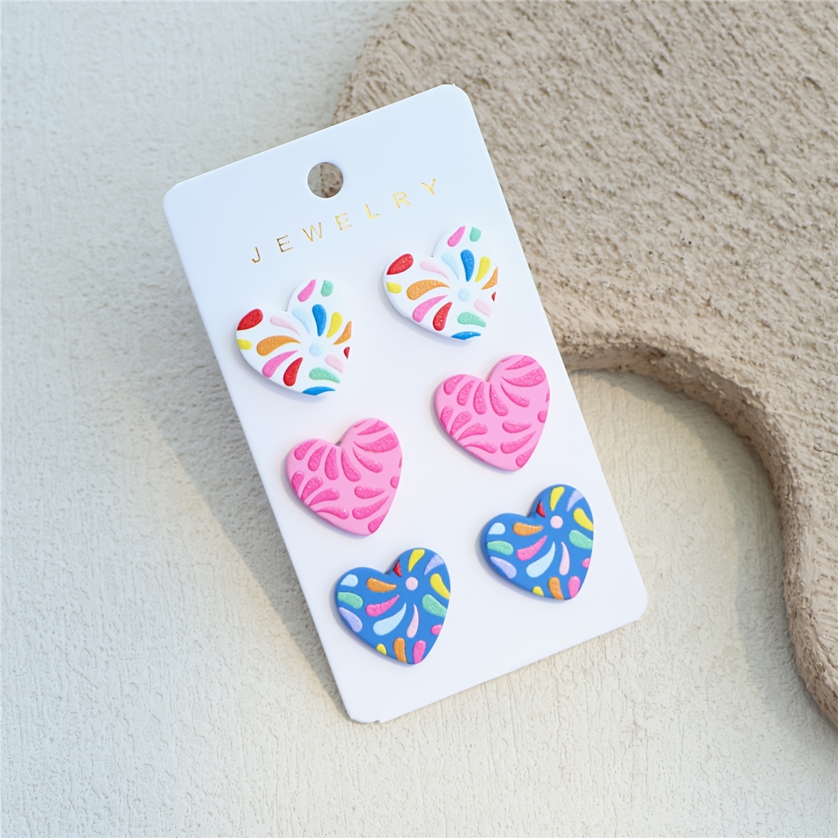 3-in-1 Multicolor Flower Print Clay Texture Heart Earrings