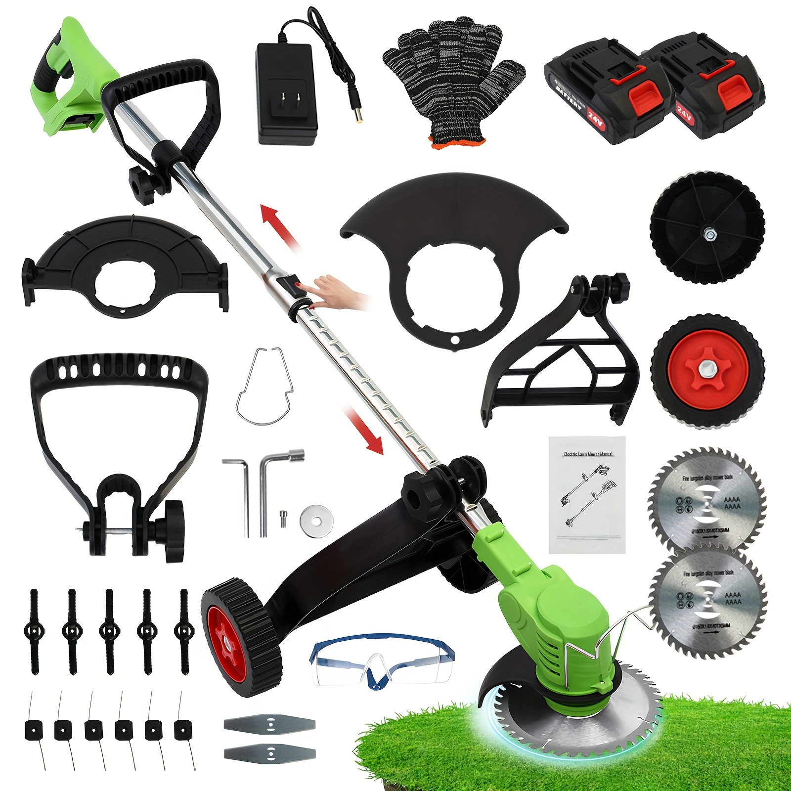 cordless electric lawn mower 24v handheld grass trimmer with 2 lithium batteries 3 blade types adjustable telescopic handle and high speed motor portable multi functional     for home garden yard and lawn maintenance