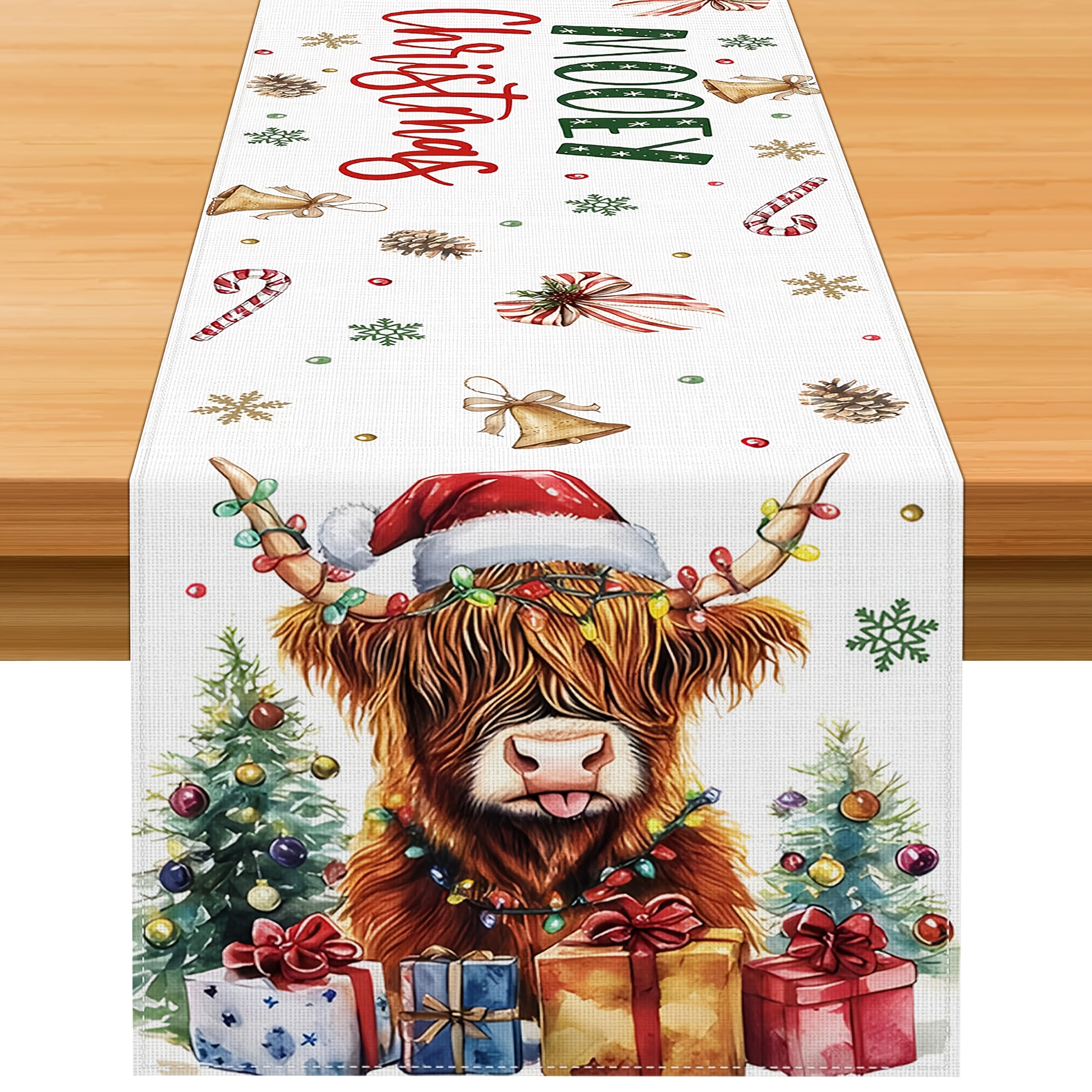 TEMU 1pc, Christmas Decorations Table Runner, Highland Cow Xmas Tree Merry Christmas Pattern Winter Decor For Dining Room Kitchen Table Home Party