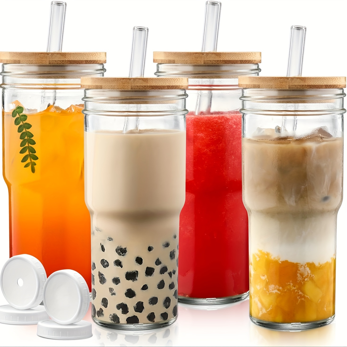 

4pcs, Glass Cups (with Lid And Straw), 24oz Mason Jar With Sealable Lid, Boba Cup Smoothie Cup - Wide Mouth Reusable Iced Coffee Cup