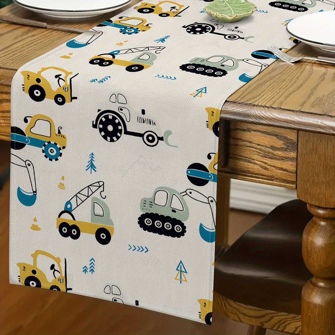 

Charming Cartoon Construction Vehicle Table Runner - Durable Linen, Perfect For Home Dining & Parties, 13x72 Inches