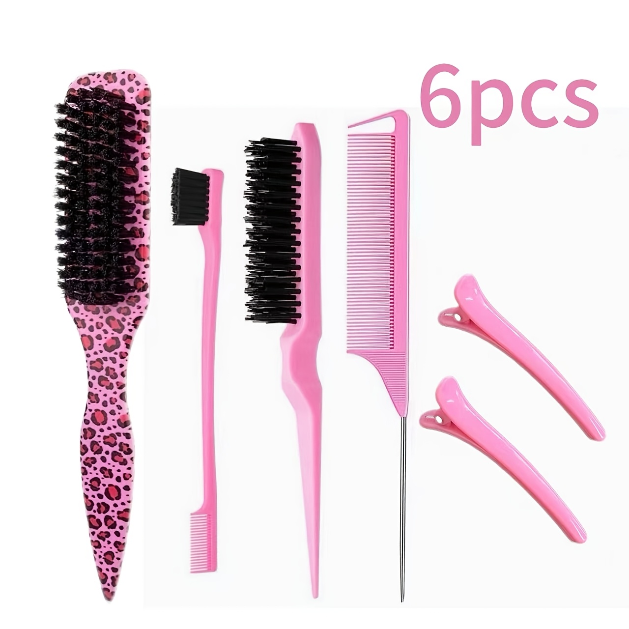 TEMU 6/8pcs Hair Styling Comb Set - Leopard Print Shaping Cleaning Brush, Nylon Bristle Smoothing Comb, Pointed Tail Teasing Comb, Suitable For Salon