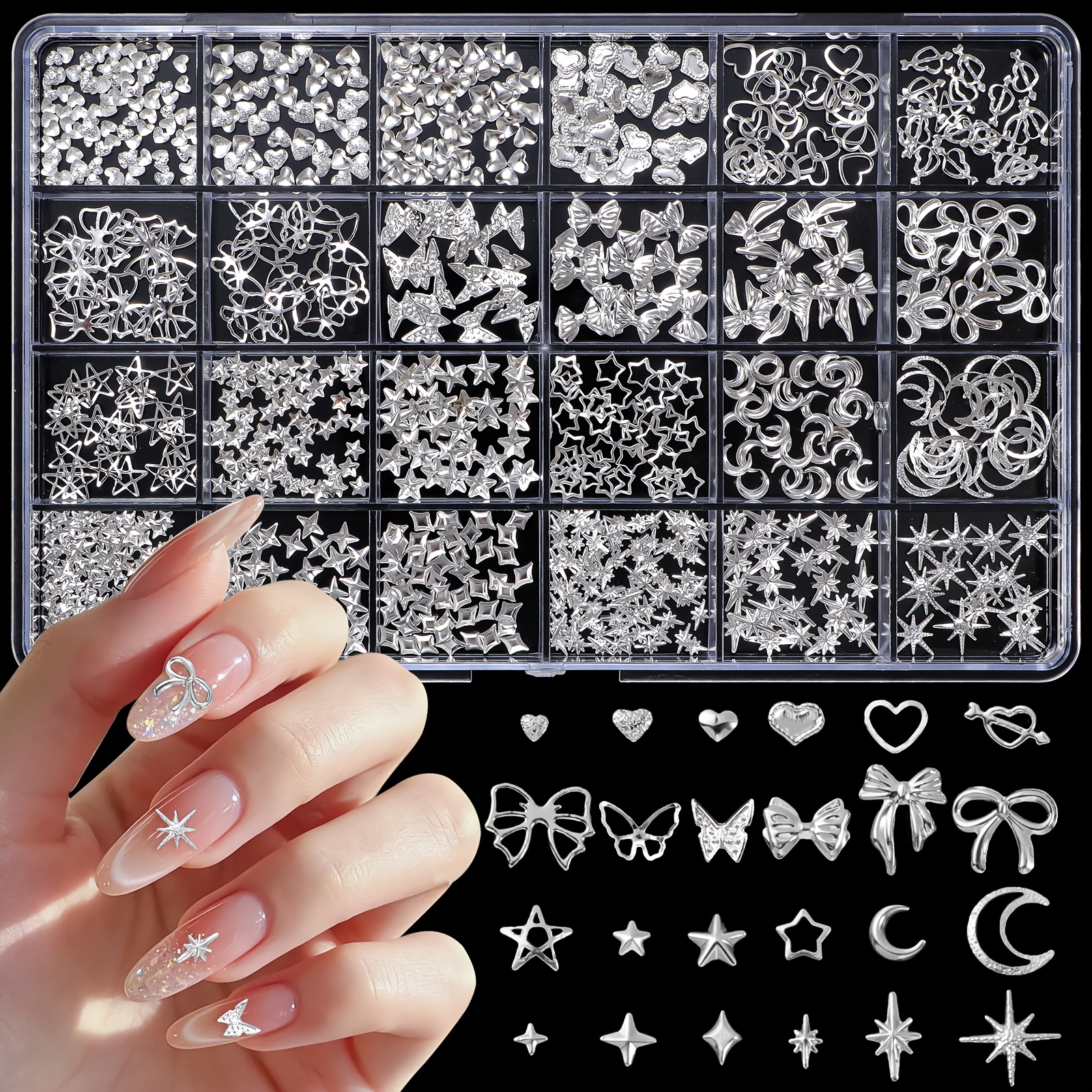 TEMU 24 Grid Nail Art Charms, Featuring Silvery Metal Rivets, With Hollow Heart And Bow Designs, Moon Star, For Nail Decoration And Jewelry Crafting,