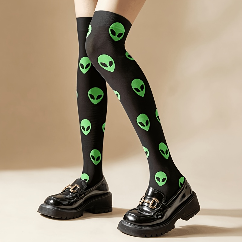 TEMU 1 Pair Of 360 Printed Personalized And Fun Green Printed Over-the-knee Socks, Black Background Contrasting Street Style Over-the-knee Socks,