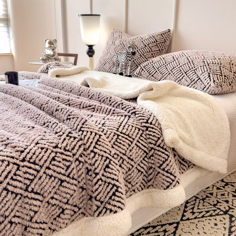 1pc of luxurious jacquard velvet blanket double layer thick insulation soft comfortable beige friendly suitable for autumn and winter suitable for bedroom living room sofa use machine washable pillowcase not included cozy Product details 4