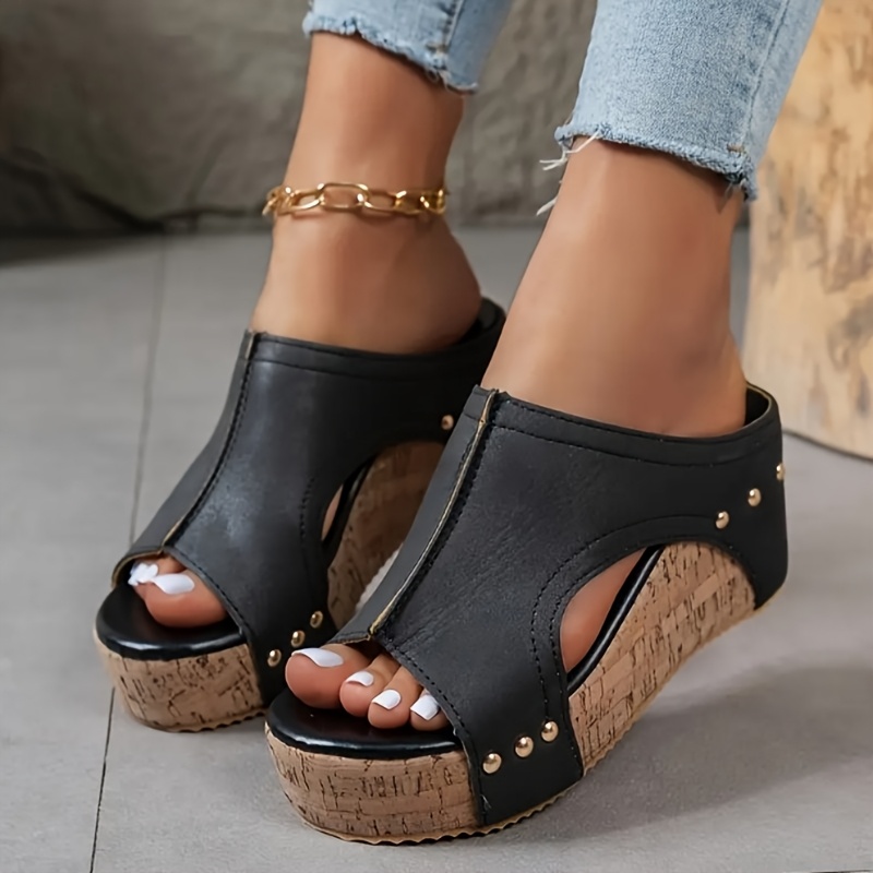 Elegant Women's Open Toe Wedge Sandals - Brown Faux Cover with Golden Studs, Ankle Strap, Rubber Sole, Slip-On Summer Beach Shoes for Casual or Dressy Outfits, Summer Beach Footwear | Mary Jane Style | Durable Pu Sole, Ladies Sandals