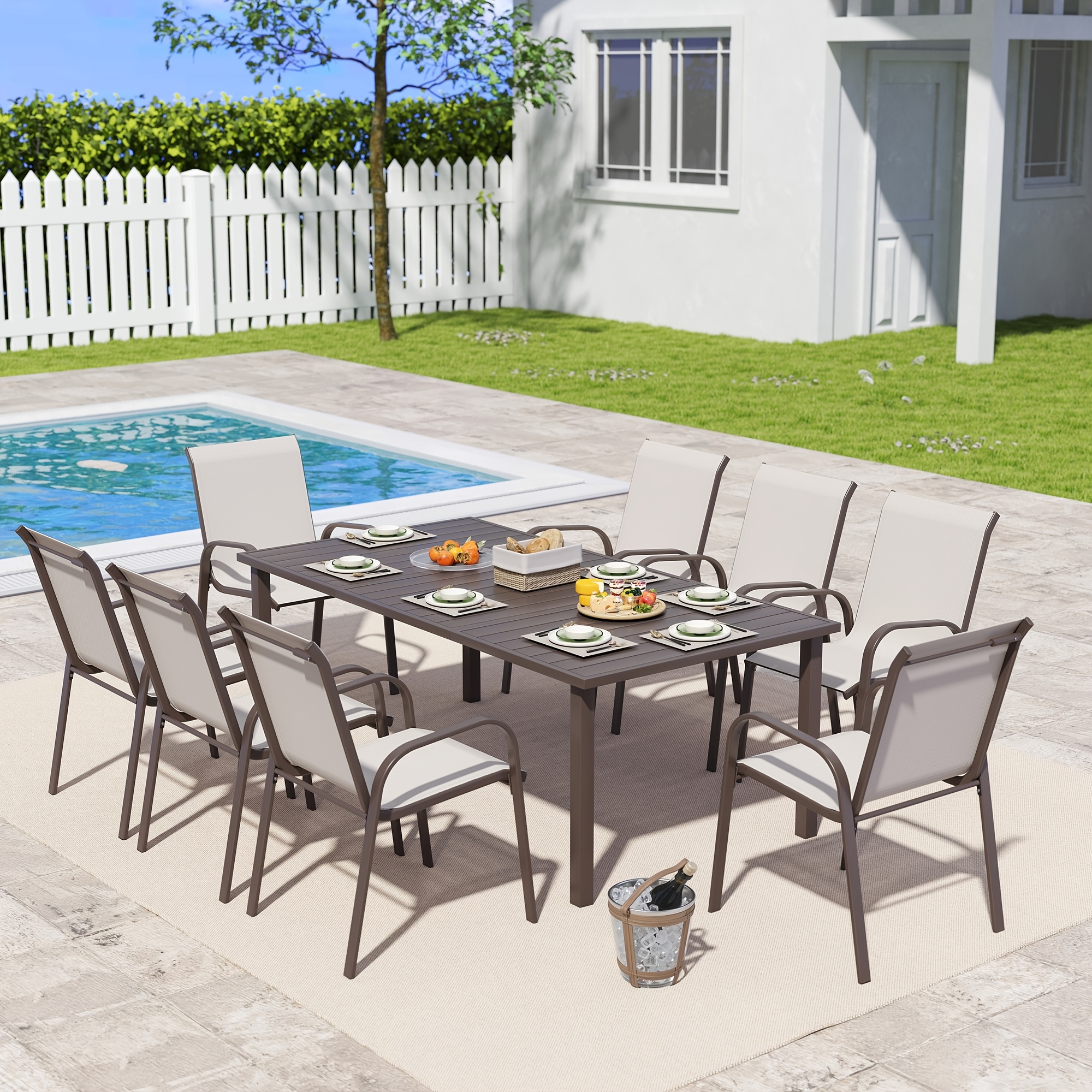 9pcs Outdoor Dining Table And Chair Set, Suitable for 8 People, The Set Includes 1 Long Table, 8 Fixed Seats, Suitable for Outdoor Garden Terrace Furniture Set