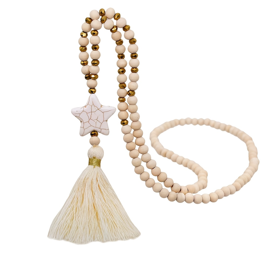 

1pc Collier en bois de style bohème avec pendentif à pompon, chaîne de pull longue de 88 cm, pour la femme, la mère, , pour un