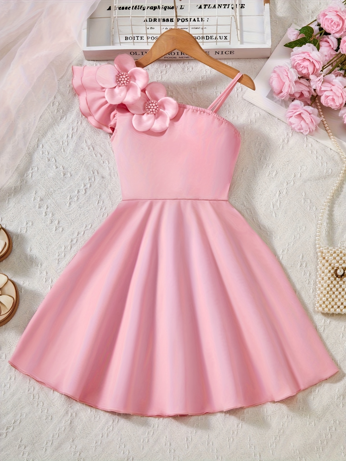 Girls' Fashion Casual 3D Floral Asymmetrical Shoulder Dress, Summer Gift