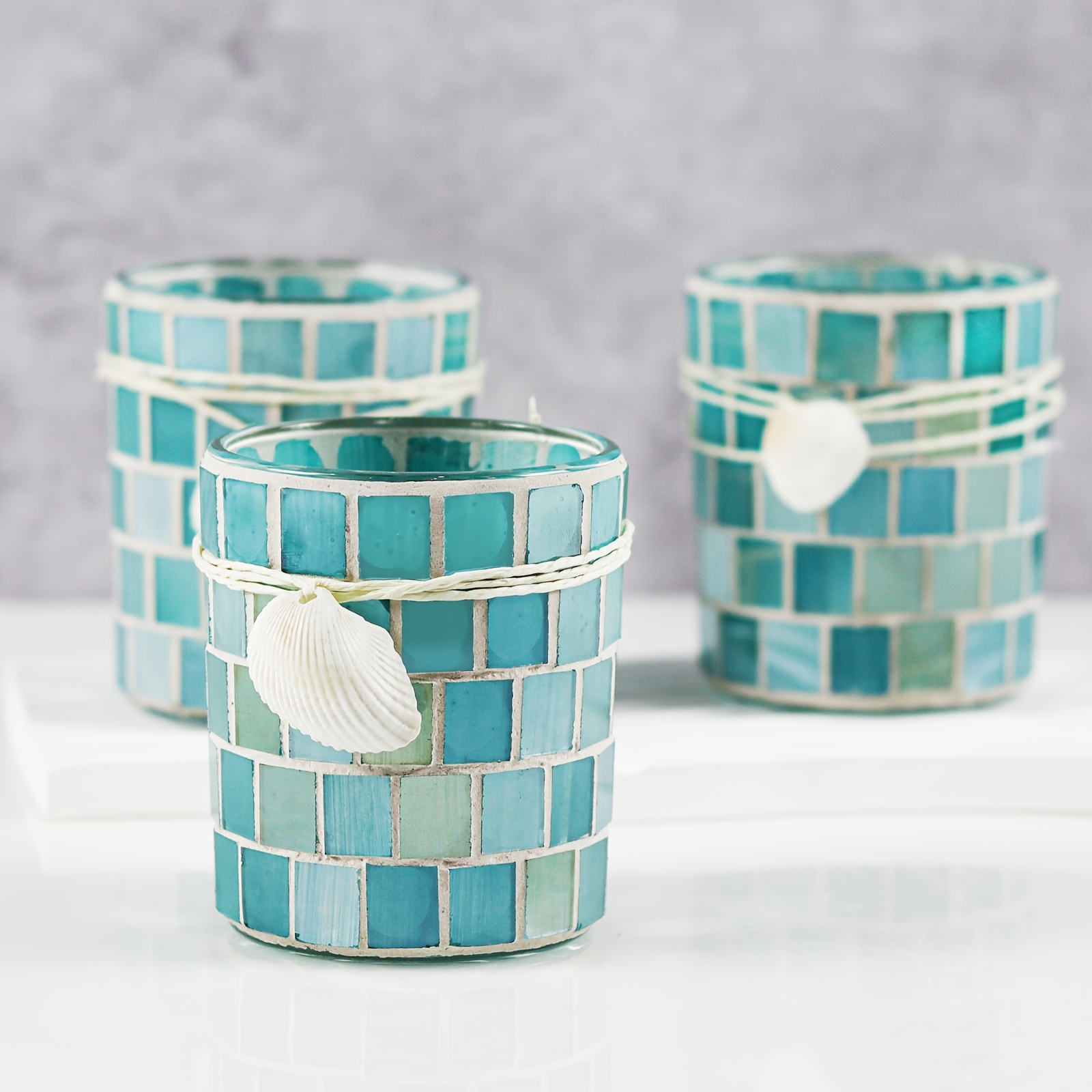 Image of 3pcs Sky Blue Mosaic Glass Candle Holder Set With Shell Accents - Light Holders For Wedding Centerpieces, & Bathroom Decor (candles Not Included), Candle Holder Decor, Empty Candle Jars, Table Decor