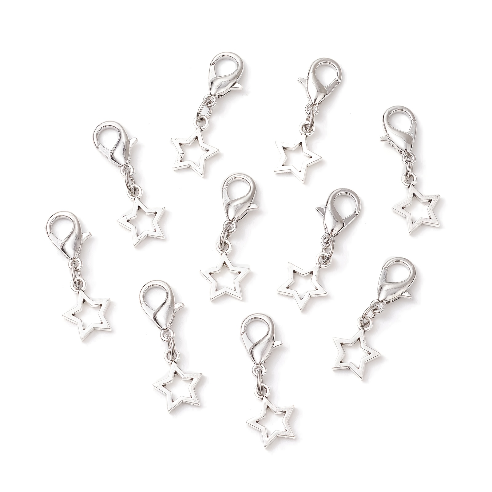 Image of 10pcs/set 10pcs Alloy Star Shoe Charms, With Clasp, Vintage Silvery Color & Platinum Color, 1.30 Inch (3.3cm)
