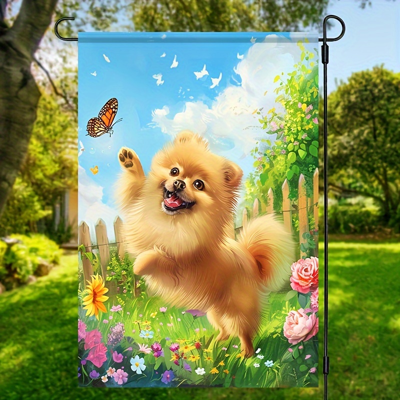 

Charming Pomeranian & Butterfly Double-sided Garden Flag - Durable Polyester, Seasonal Outdoor Decor For All Seasons, Perfect For Yard, Lawn, And Pet Lovers, 12x18 Inch, No Pole Included