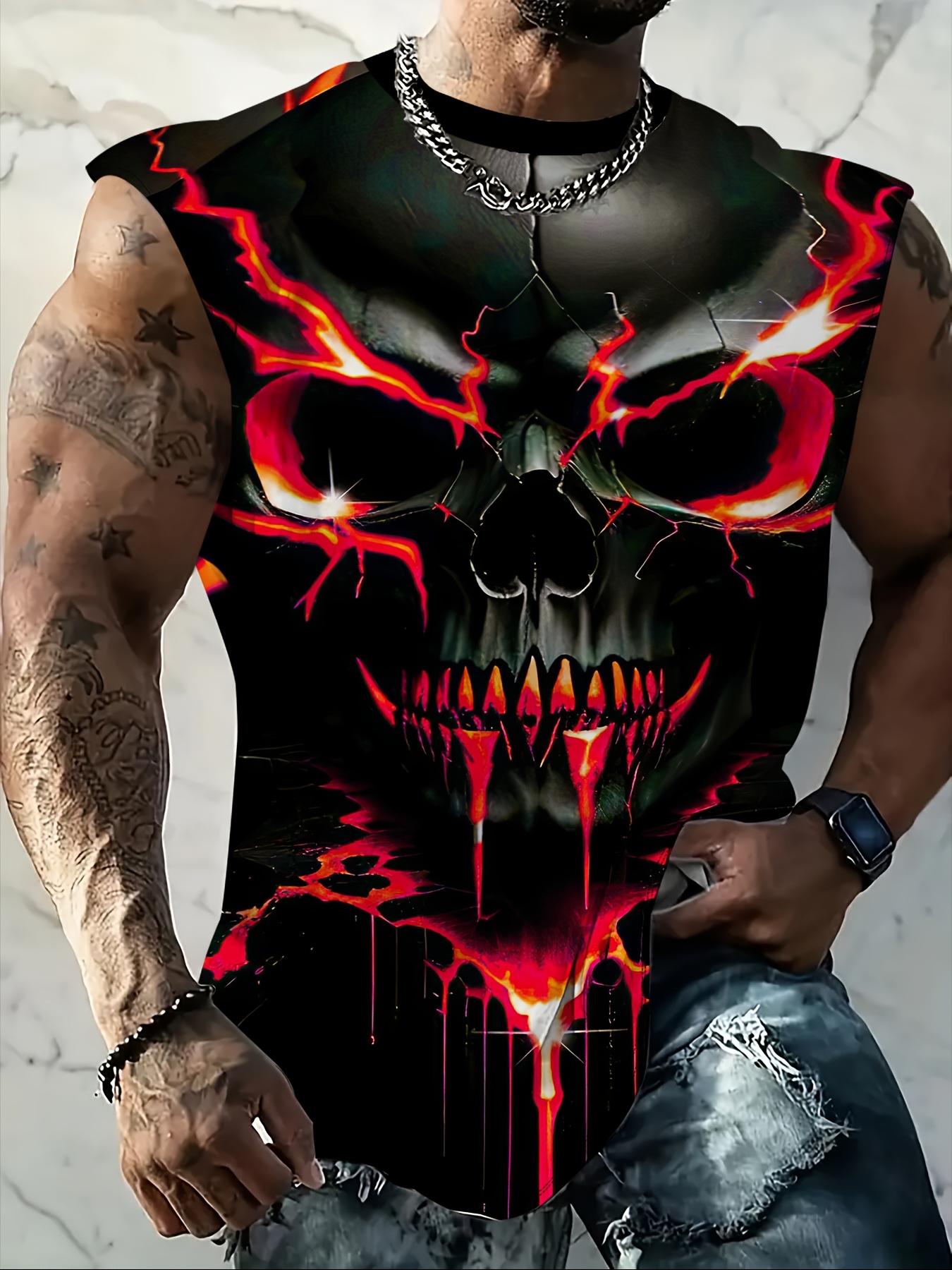 Men'S Plus Size Skull Graphic Print Tank Top - Breathable Sleeveless Workout Shirt for Gym, Basketball & Summer Training, Casual Round Neck Design, Gym Tank Top, PLUS SIZE
