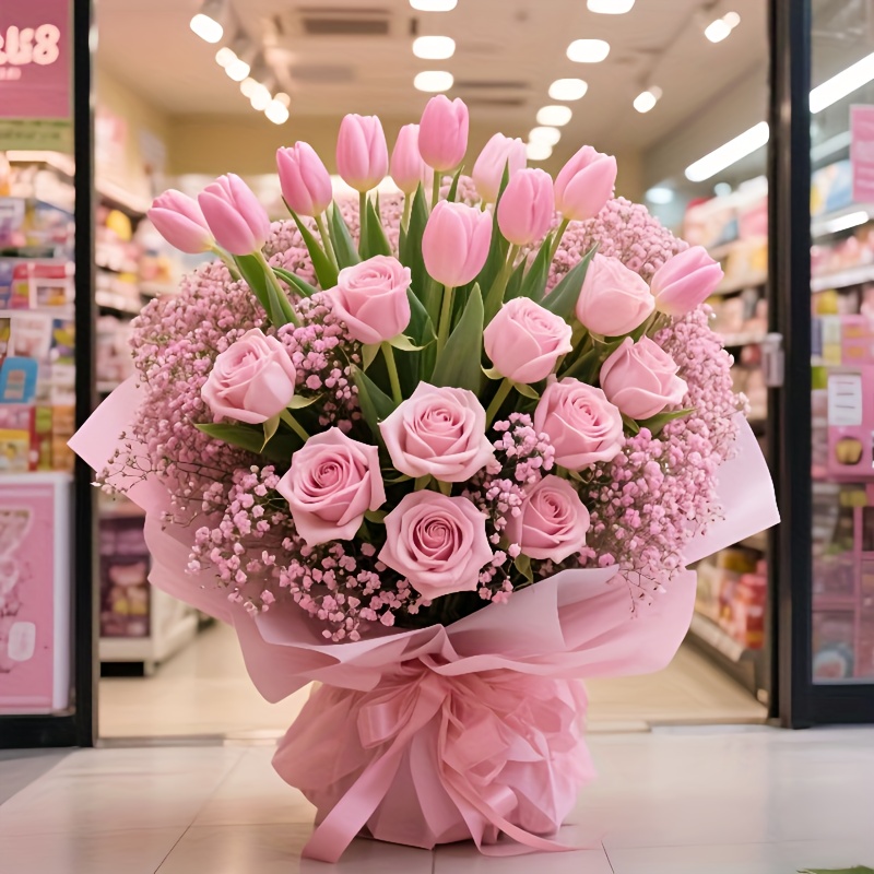A Bouquet of 38 Artificial Roses, Tulips, And 'S Breath, Realistic Home Decor Suitable for Living Rooms, Tabletops, Gardens, Malls, Coffee Shops, And More - Usable All Year Round Without Maintenance, Perfect for Anniversaries, Thanksgiving