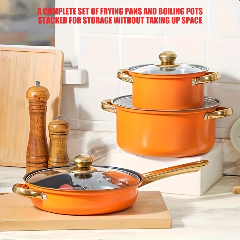 12pcs orange multifunctional cookware set stainless steel kitchen pots and pans combo including soup pot frying pan milk pot for home use cooking pot details 4