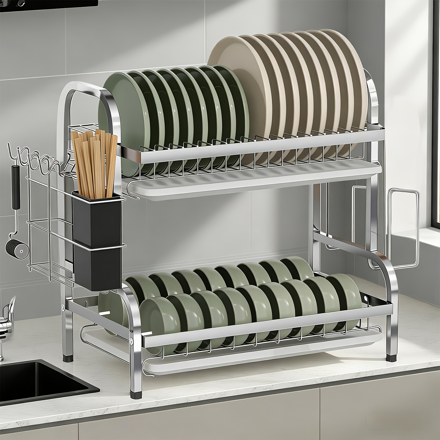 TEMU Kitchen Countertop Stainless Steel Drain Rack, 2-tier 42 Cm Dish Rack Drainer, Utensil Rack, With Removable Drip Tray (silvery)
