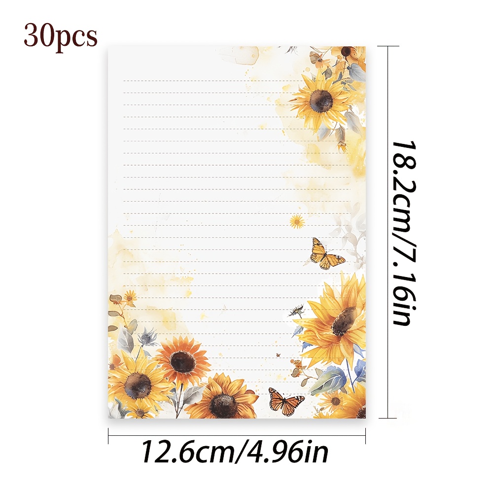 TEMU 30pcs , Forest-style Warm Yellow Sunflower , Watercolor Floral , Uniquely Designed Aesthetic Stationery, Party Stationery, Friendship Guestbook,