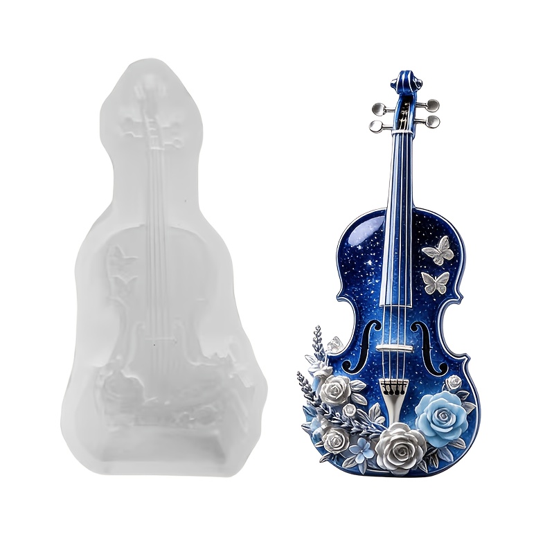 TEMU Stampo in silicone 3D con violino, e fiori - per candele, resina, gesso, cemento, | Forma irregolare con violino e accessori | per decorazioni