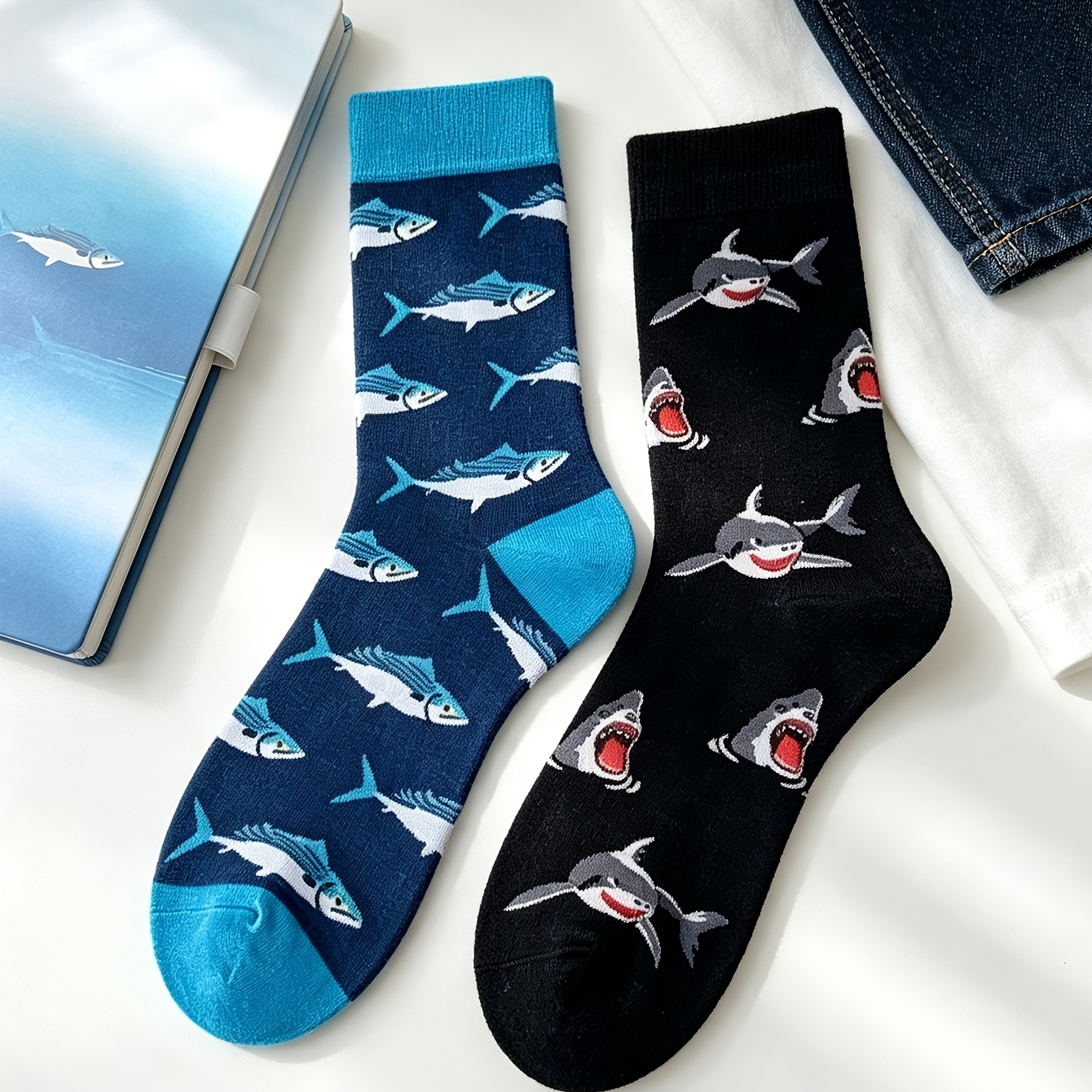 TEMU Fun Marine Animal Mid-calf Trendy Socks Unisex Couple Socks, Cartoon Shark Tuna Jacquard Long Socks, Individual Full Print Pattern, Street