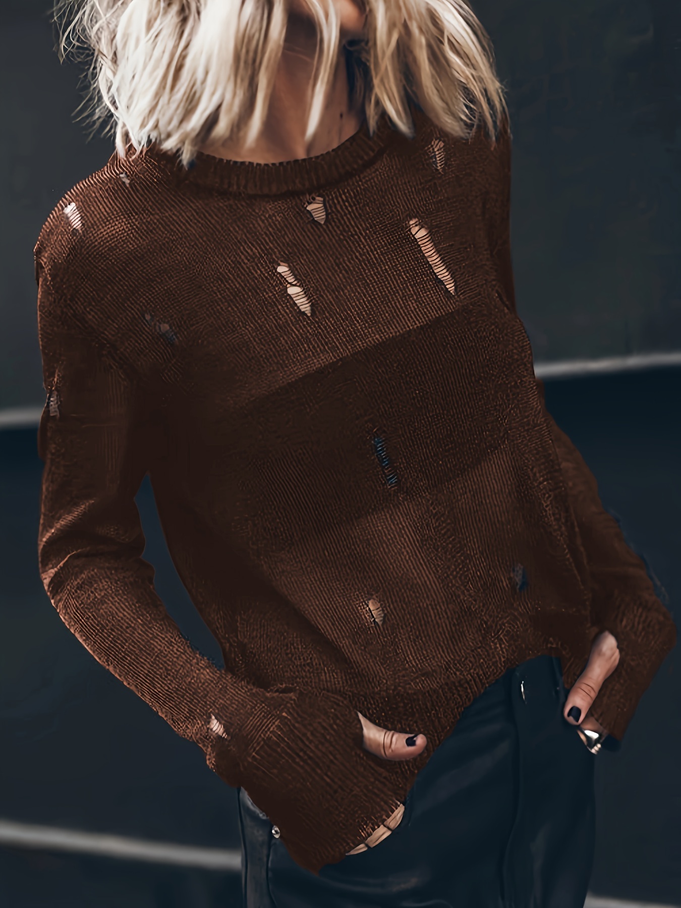 womens distressed semi sheer sweater long sleeve Temu United Kingdom