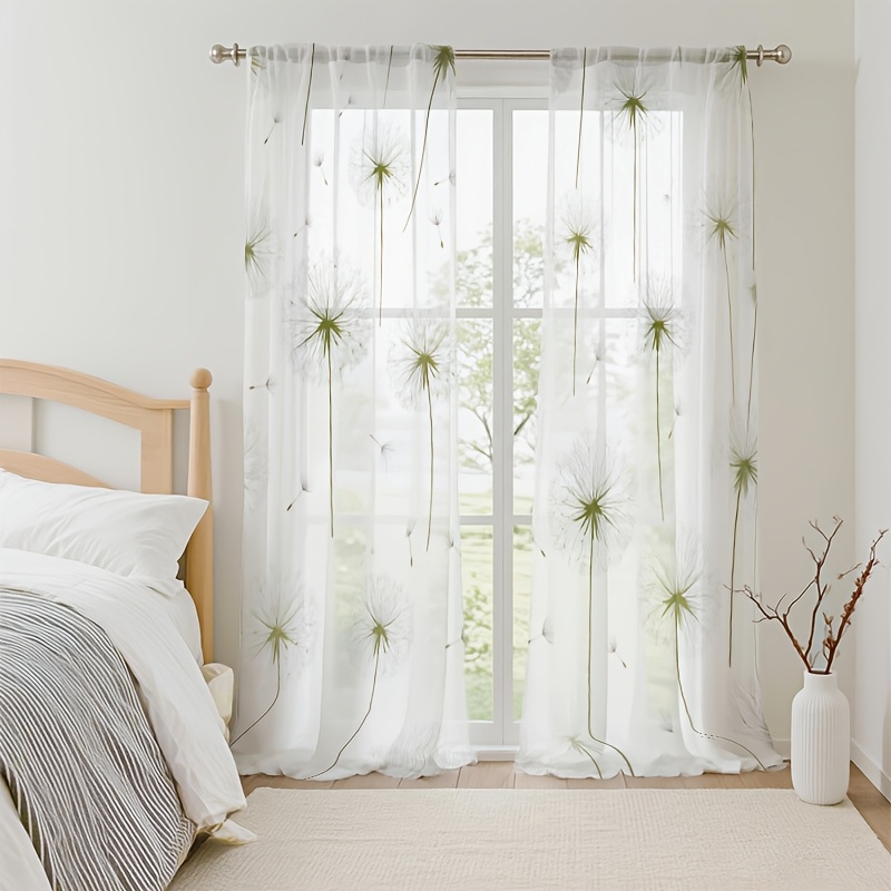 TEMU 4pcs (including 2 Tiebacks) Fresh Dandelion Fluff Print Semi-sheer Curtains, Suitable For Living Rooms, Bedrooms, , Partitions, Cafes, Kitchens,
