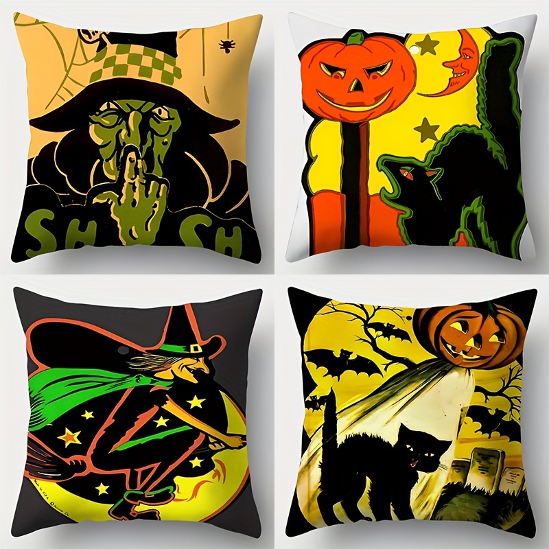 

Contemporary 4-pack Halloween Abstract Art Throw Pillow Covers, 18x18 Inch, Hand Wash, Zipper Closure, Woven Polyester For Living Room Sofa Decor - Witch, Black Cat, (covers Only)