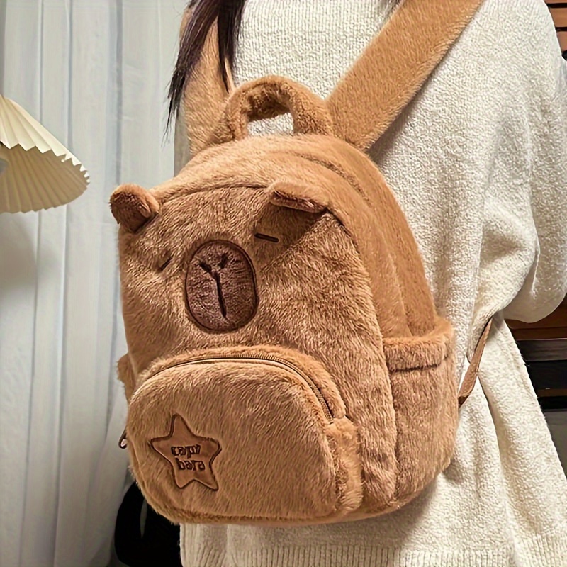 

Capybara Plush Backpack For Women - Cute Cartoon Animal Design In , Soft Fur With Star Accent, Polyester , Zip Closure - Adorable Multi-functional Student Bag, Ideal Christmas Gift