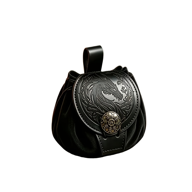 TEMU Medieval Retro Embossed Viking Style Pouch, Drawstring Fashion Pu Waist Bag, Suitable For And Daily Use - Role-playing Accessory - Holiday And