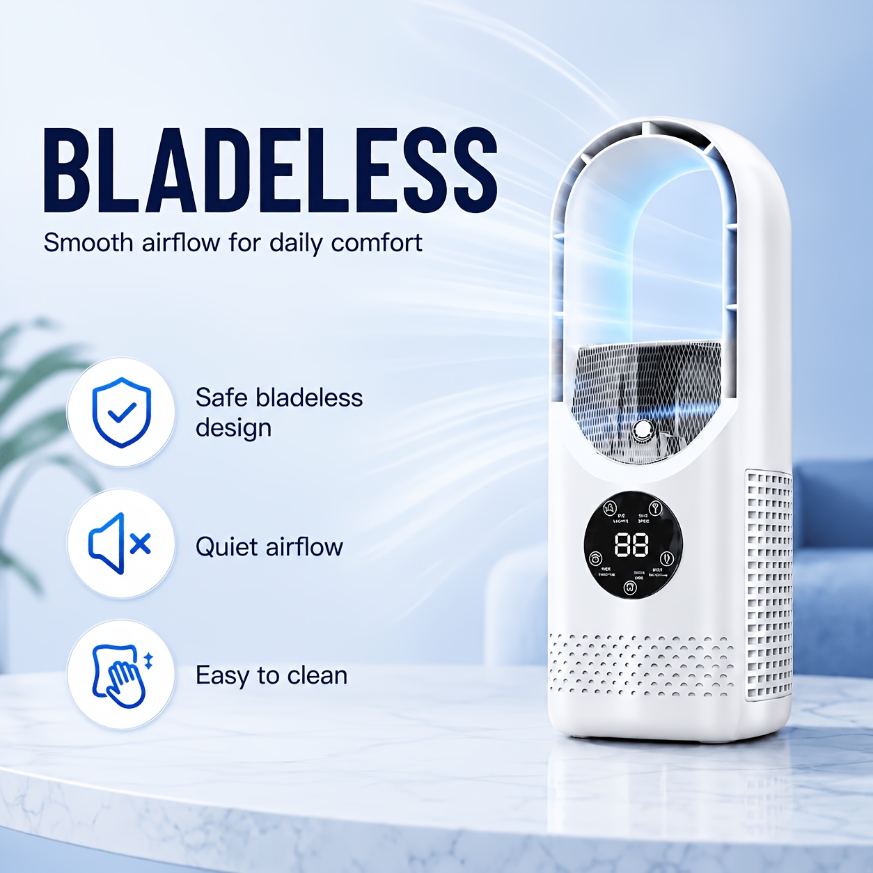 TEMU Portable Usb Tower Fan, Bladeless Mini Desk Fan With Water Mist Spray, Quiet Personal Fan With 7-color Led Light, Adjustable Speed, Timer