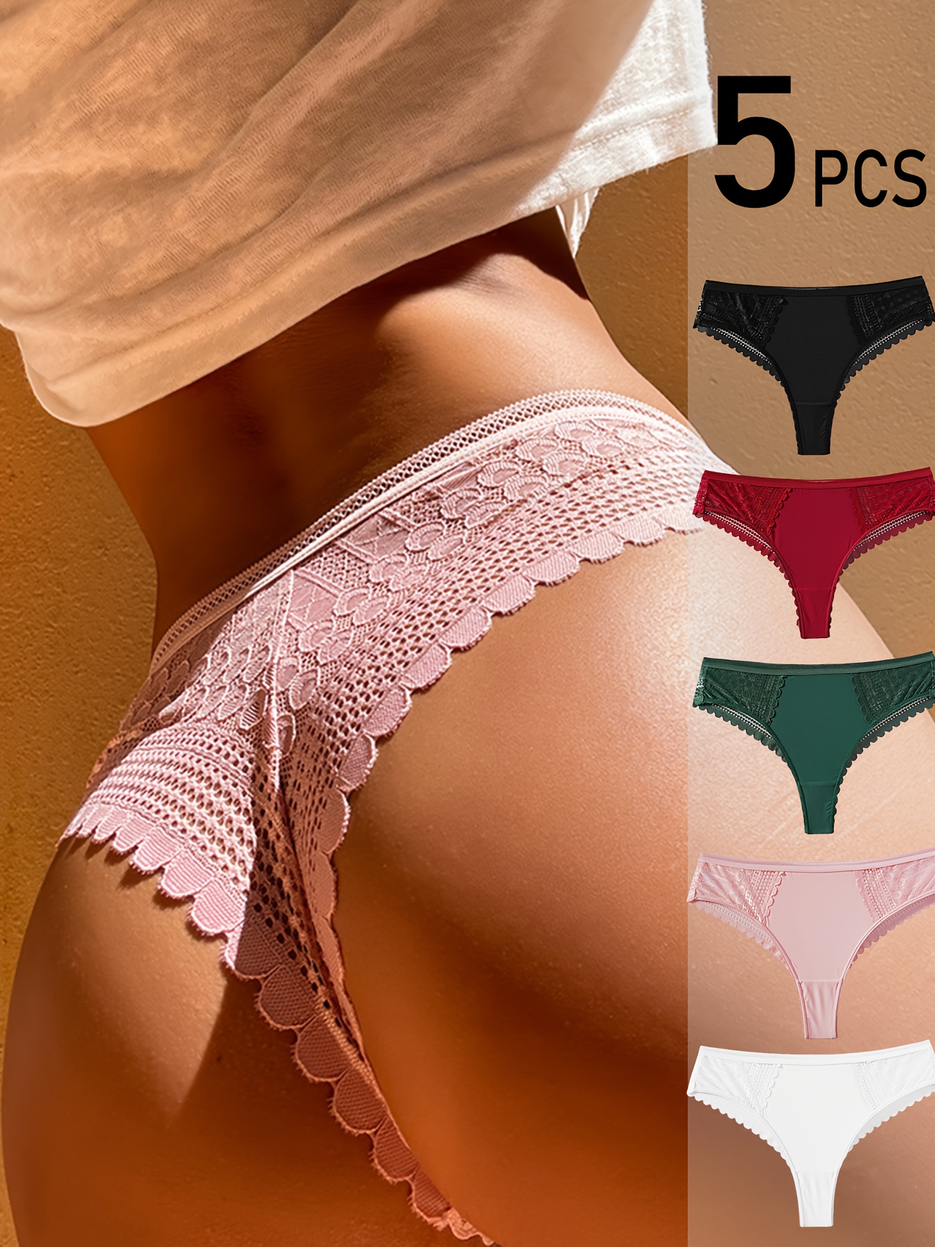 5pcs String Femmes Mid-Rise Lace - Culottes en dentelle contrastée respirante et confortable en noir, rouge, vert, rose, blanc - Lingerie sexy pour le printemps et l'été, String de lingerie, sous-vêtements d'été, sous-vêtements élégants, tissu respirant