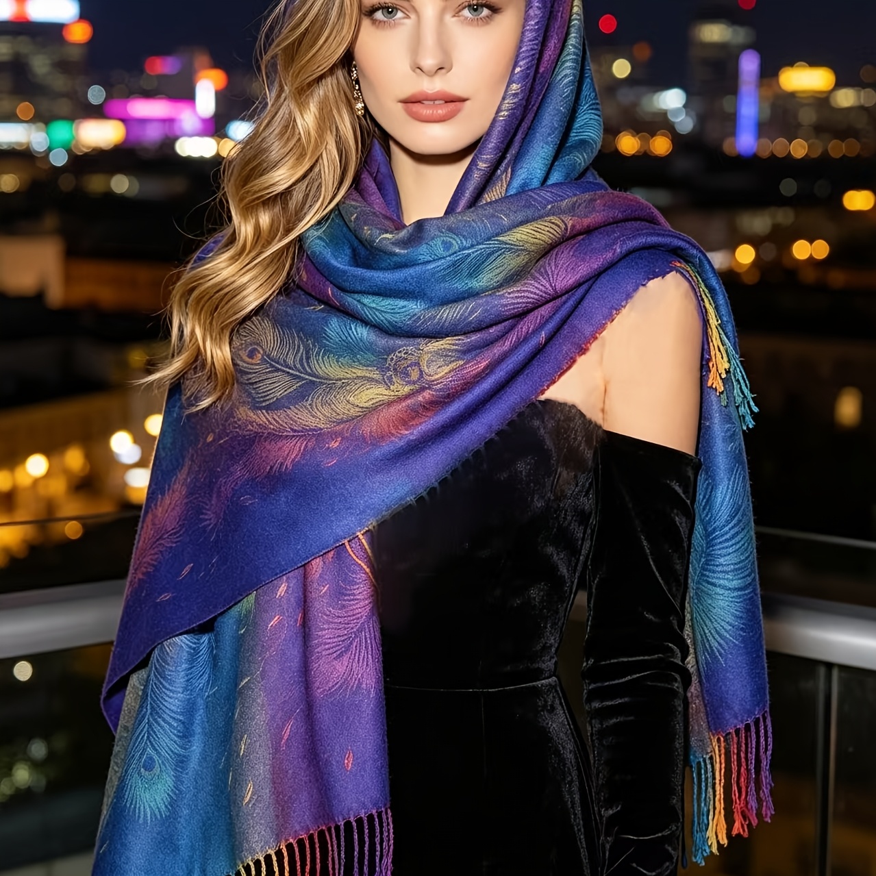 Bohemian Colorful Peacock Scarf, Women's Autumn Winter Jacquard Shawl