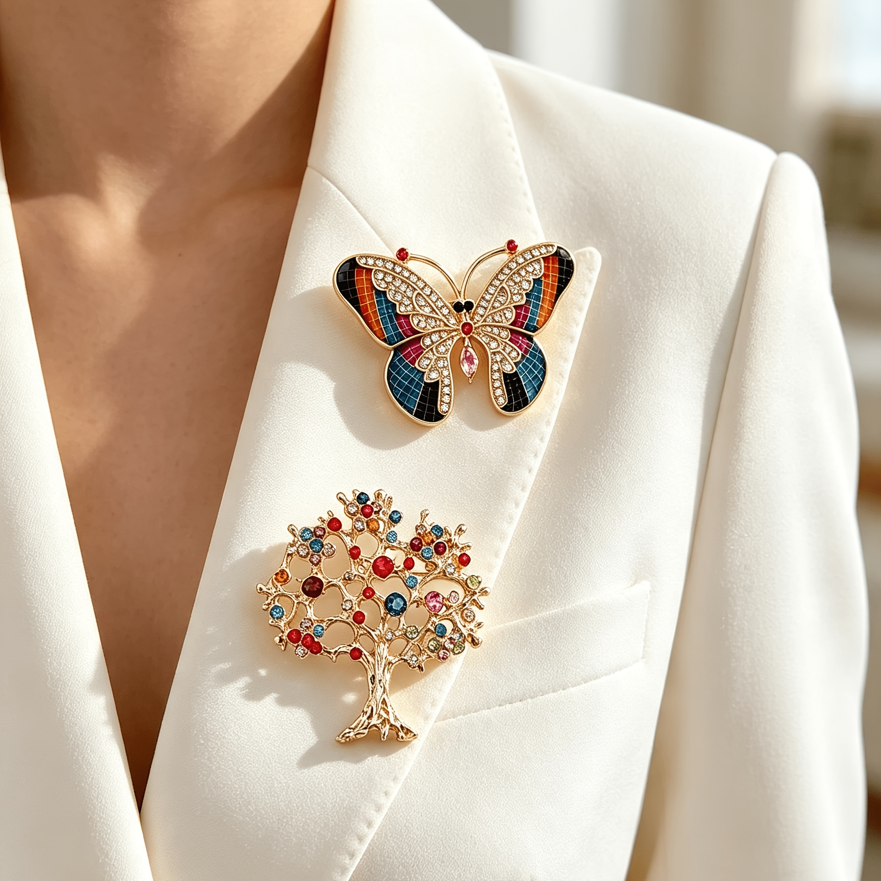 TEMU Retro Enamel Life Tree Brooch Set Of 2pcs, Rhinestone-set Alloy Brooch, Women's Suit Accessory, Luxurious Banquet Decoration, Exquisite Gift For