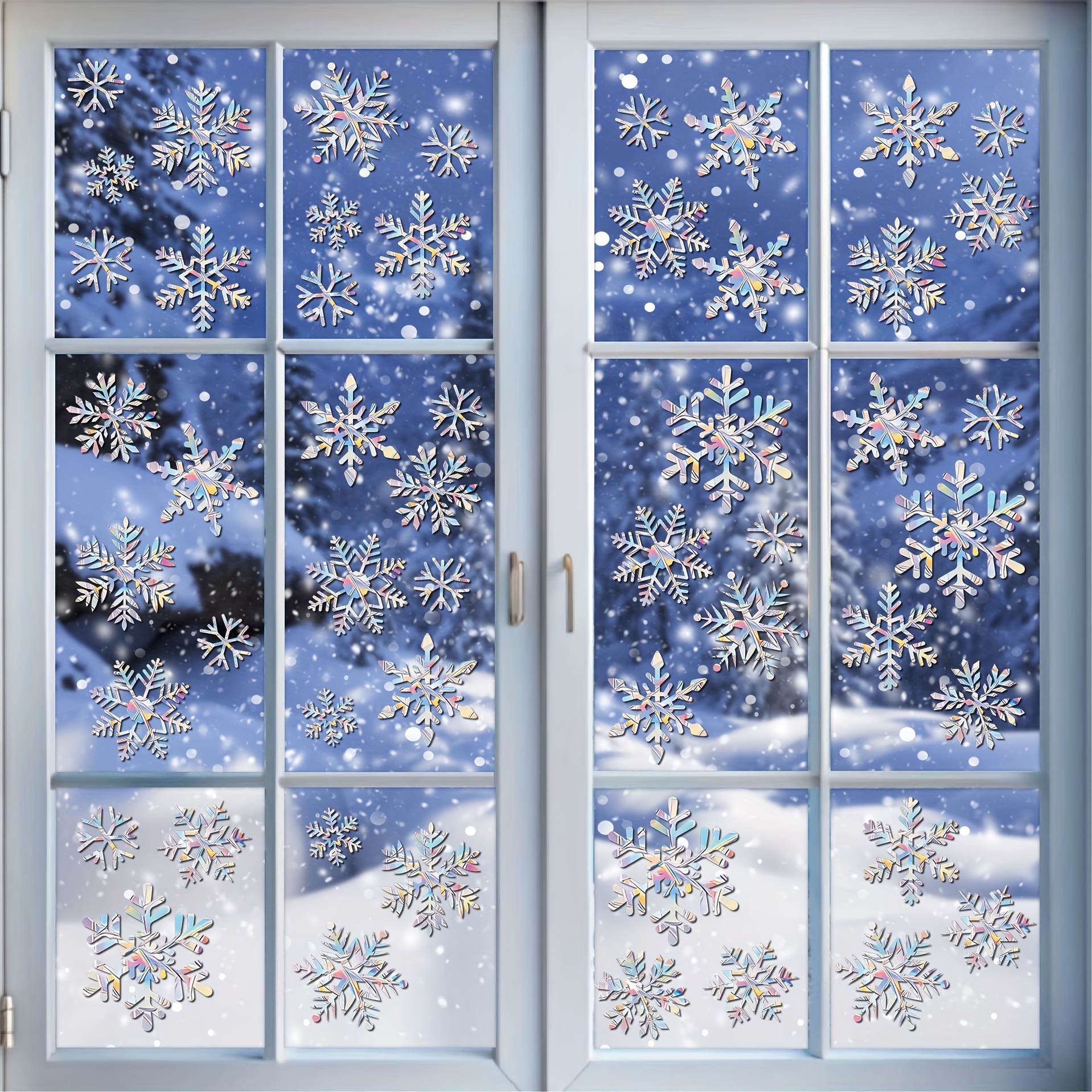 Image of 52pcs/4 Sheets Glass Window Snowflake Stickers, Anti-collision Stickers, Protect Birds From Window , Non-adhesive Prism Window Stickers, Rainbow Stickers, Christmas Snowflake Window Stickers.