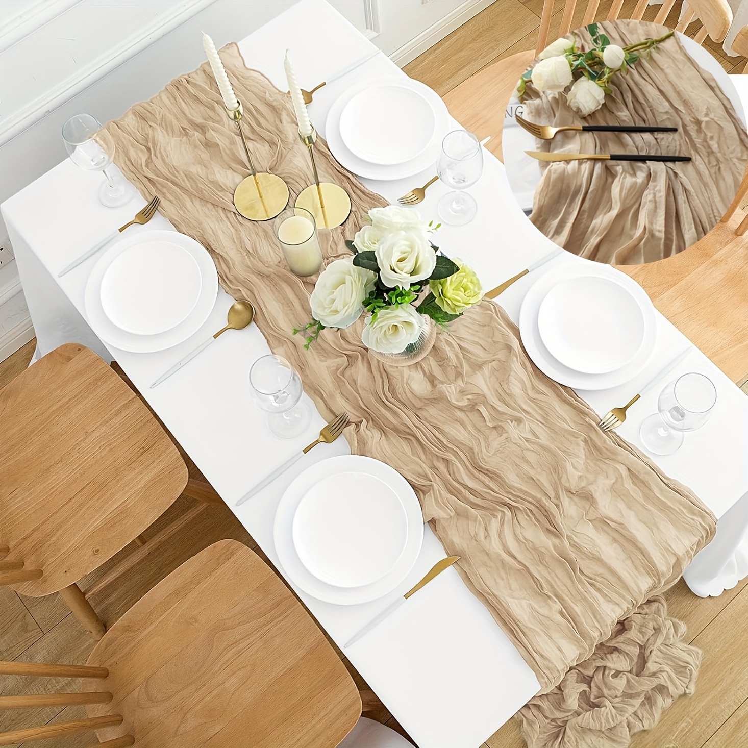 TEMU 1/6 Pack Beige Polyester Cheesecloth Table Runner, 6pcs, 1pc 9ft Spring Cheese Cloth Table Runner Boho Gauze Table Runners Rustic Sheer Table