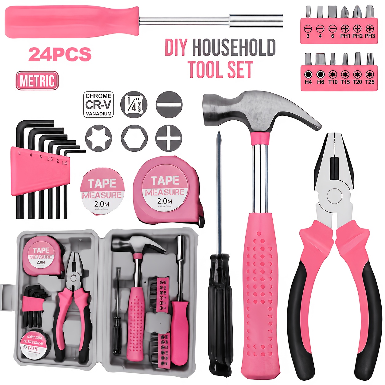 TEMU 24/38pcs Pink Tool Kit | Includes Screwdriver, Utility Knife, Scissors, Tape Measure, Hammer, Internal Hex Wrench, Pliers | Suitable For Home,