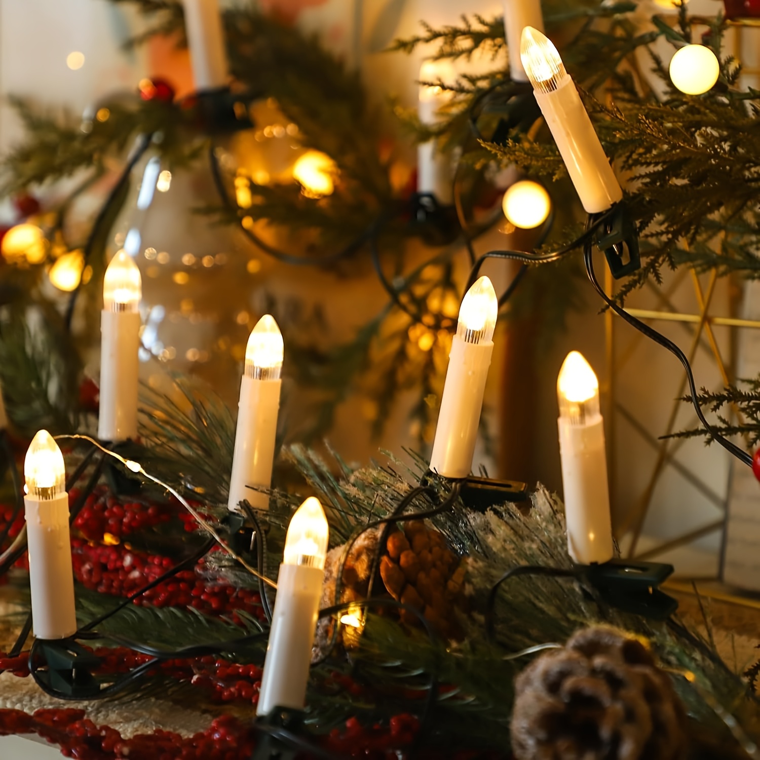 TEMU 25.4ft Christmas Candle String Lights, 20 Led Usb Operated Flameless Candle Lights With Clips For Tree Holiday Seasonal Celebration New Year Wedding Decoration, Warm White