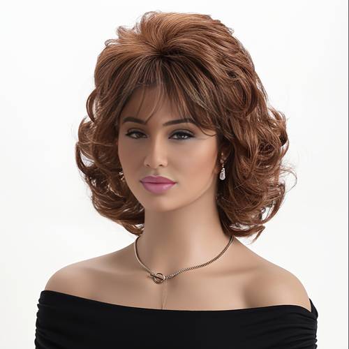 elegant brown beehive wig with bangs vintage 1970s style loose curly synthetic hair heat resistant thick bouncy texture for daily and costume wear