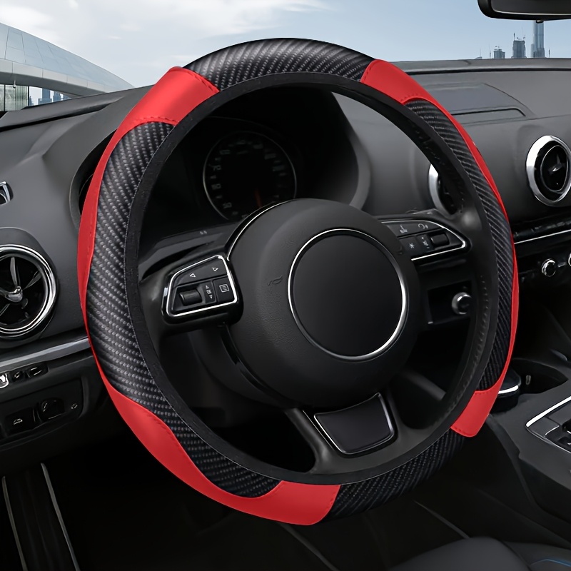  .83-38.1 cm steering wheel cover -   non-slip grip &  , sports/  with red/  fiber texture design, elastic  , precise button cutouts, durable synthetic synthetic leather wheel protector for cars (compatible with 36.83-38.1cm wheels) - four-season use, ergonomic fit, no  , car interior accessory for   grip 0