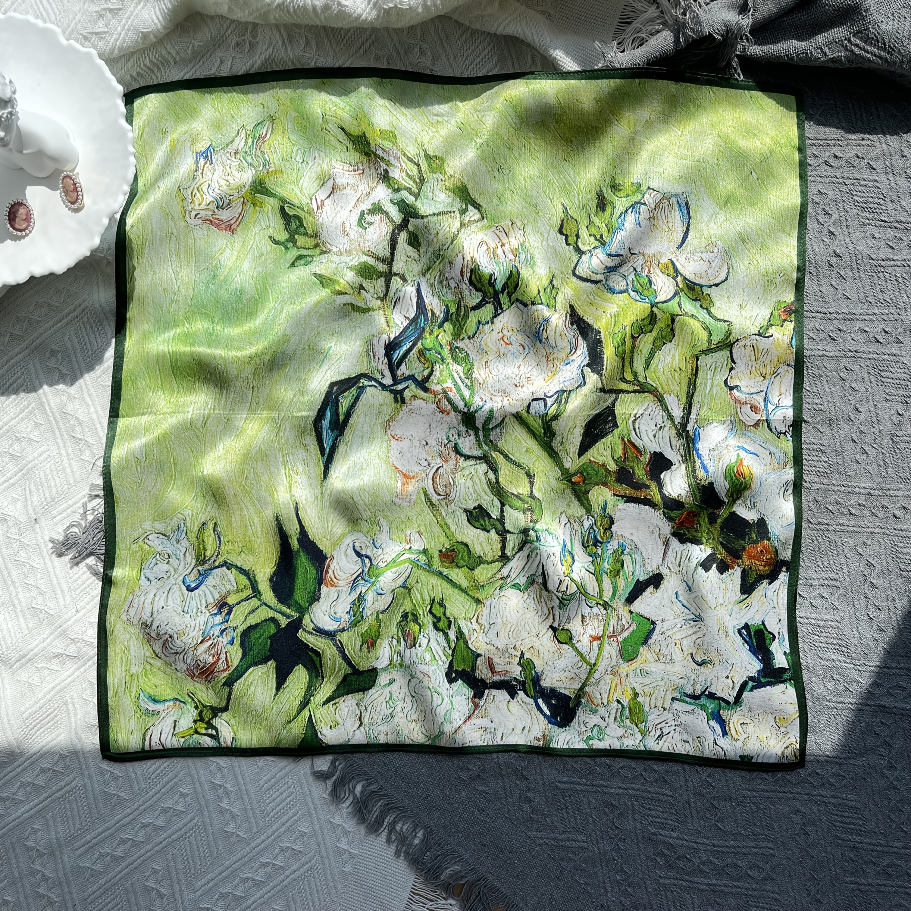 

Luxury Silk Scarf, , Elegant Floral Print, 20.87" Square, Breathable, Windproof, Decorative, Non-washable, Inelastic, With Artistic Painting Design For Formal , Evening Out