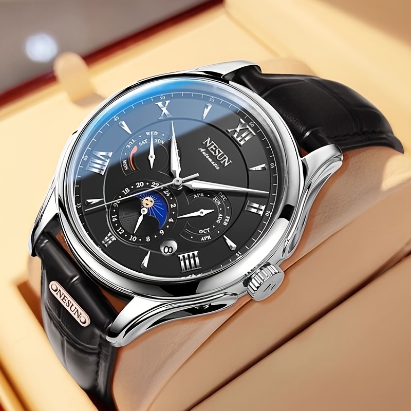 Men's Multifunctional Stainless Steel Mechanical Watch with Leather Strap