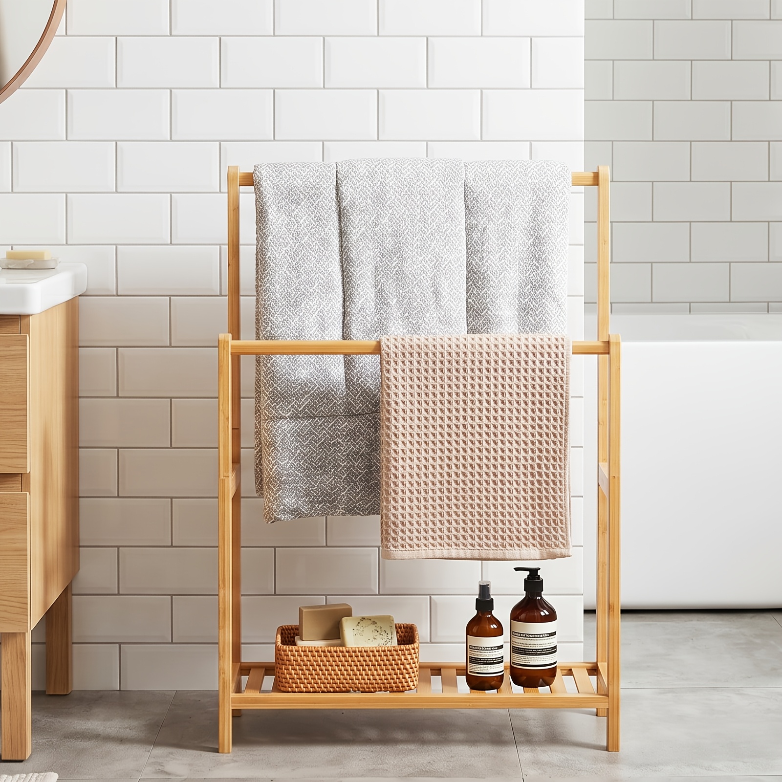 Image of Freestanding Bamboo Towel Drying Rack, Double Pole Towel Holder With , Heavy Duty Standing Towel Organizer For Bathroom And Poolside, Towel Racks