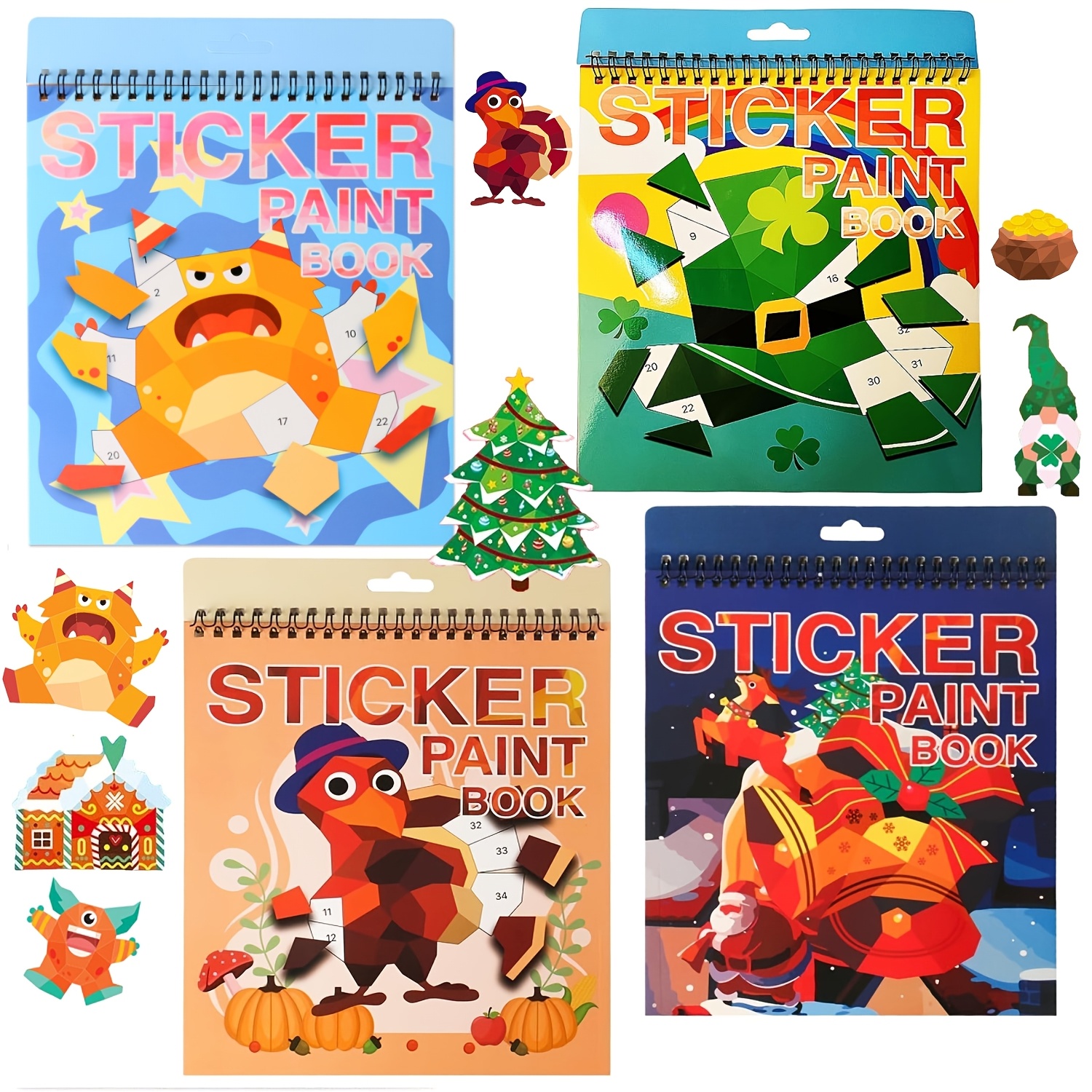 

Craft Sticker Set - Monster, Shamrock, Turkey & Snowman Themes With Numbered Pages For Creative Painting - Birthday, Christmas, Halloween & Thanksgiving Party Favors