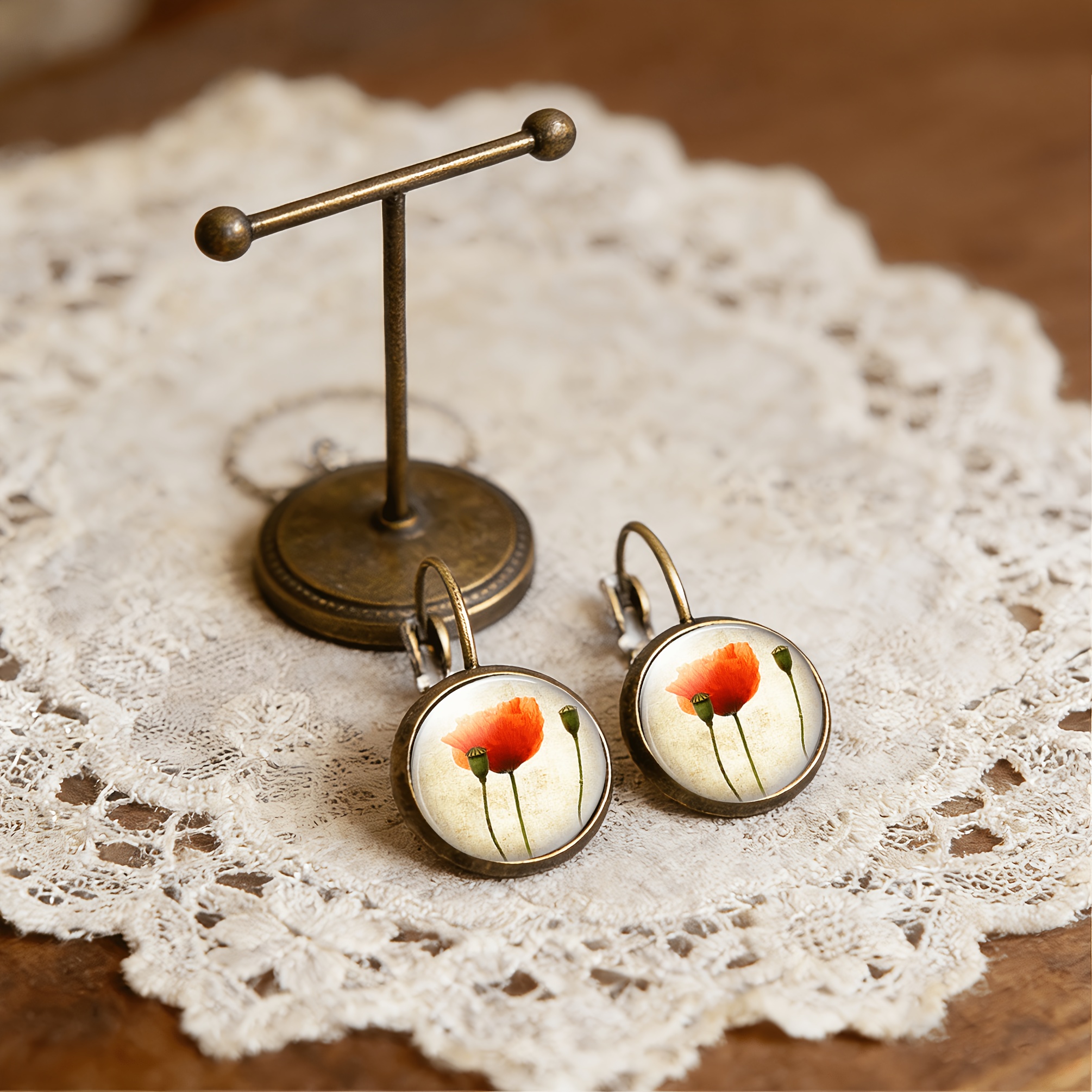 Cyan Round Classical Earrings Set, Floral Design