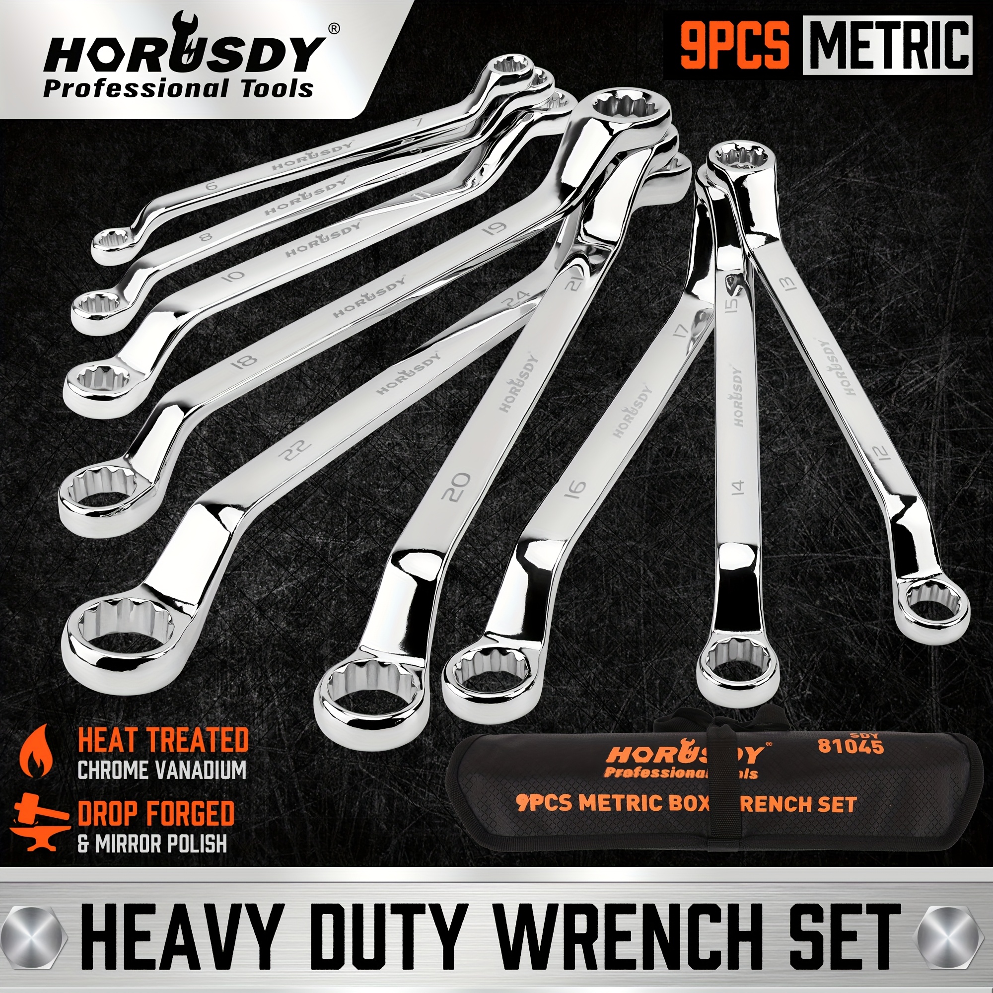 

9-pece Metric Box Wrench Set With Rolling Pouch, 75-degree, Metric 6-24mm, Cr-